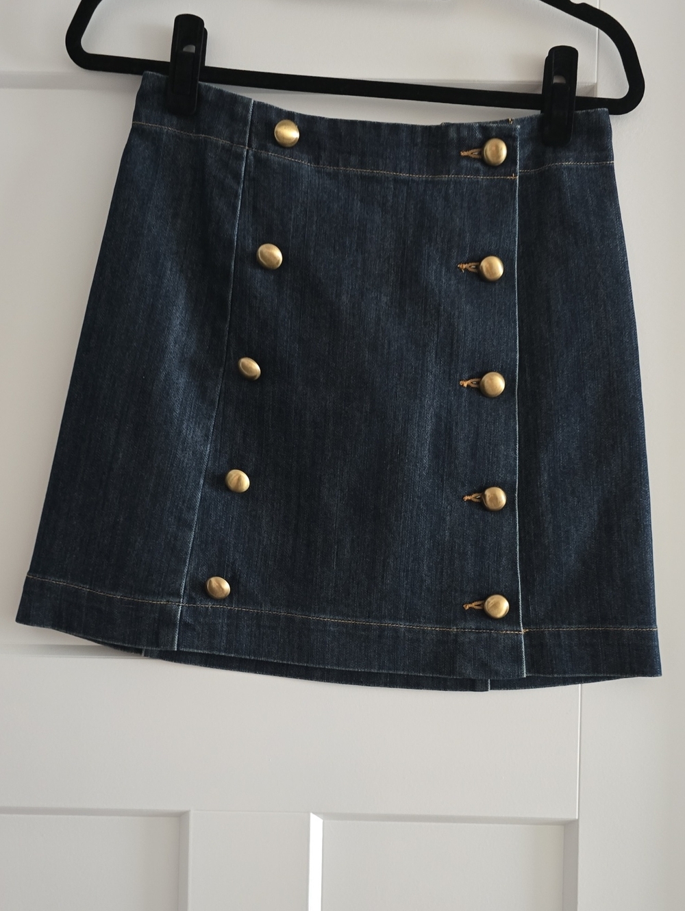 MICHAEL Michael Kors Dark Blue Denim Mini Skirt with Gold Buttons